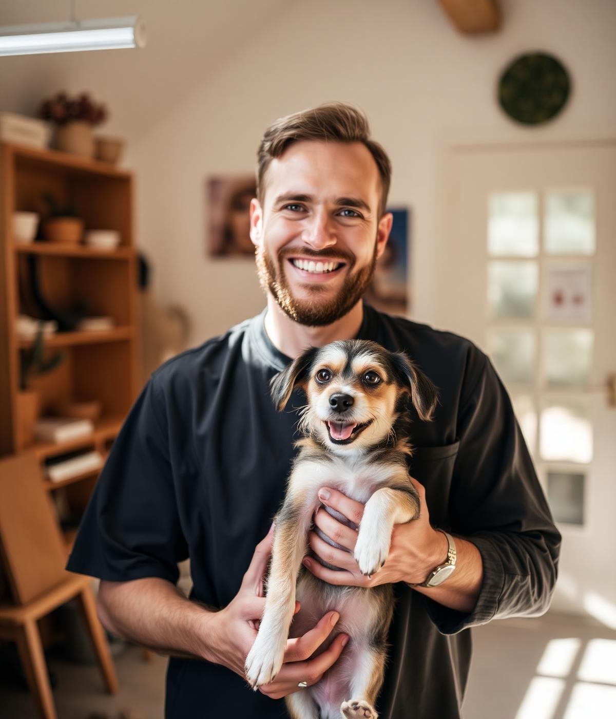 The groomer at Pawfect Grooming holding a happy dog